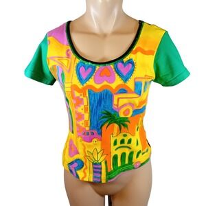 Vintage 90s Y2K Como Fred David Art Pop Tropical Crop Top Whimsigoth Sequins S